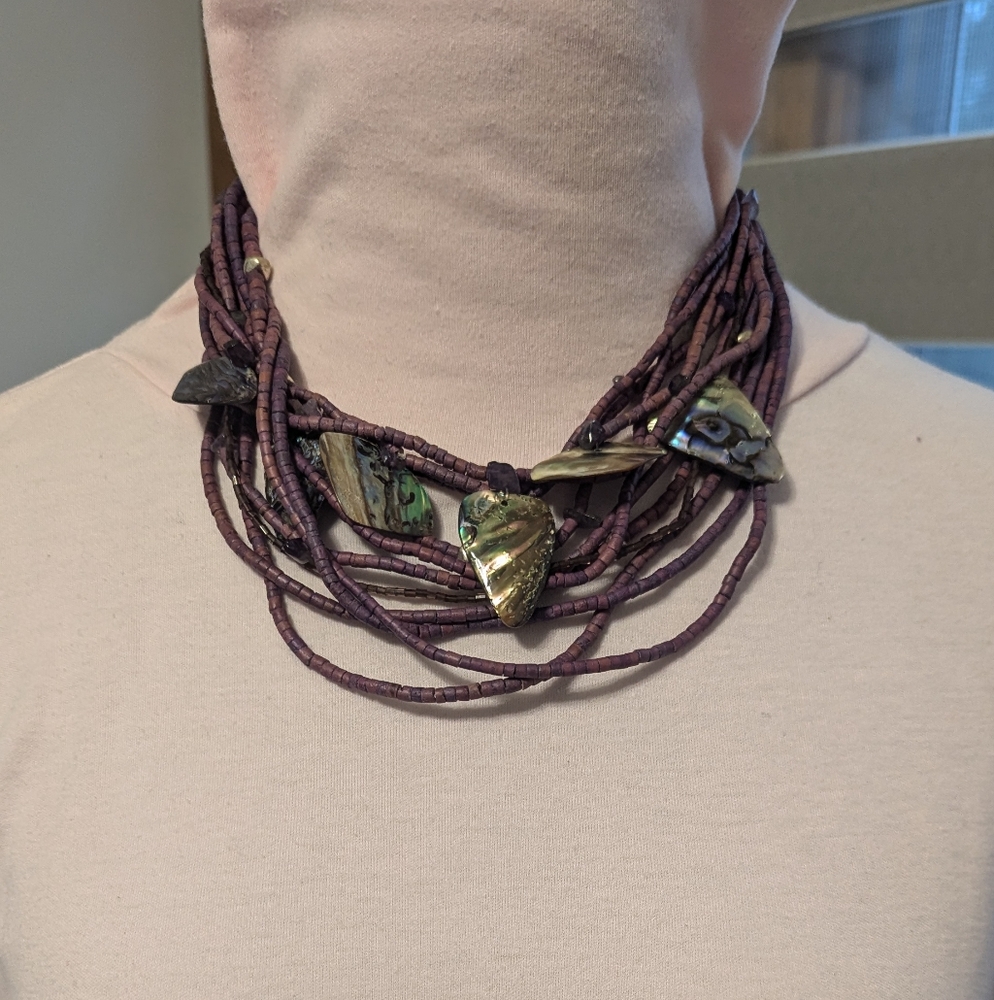 Multi strand purple beads & abalone shell necklace